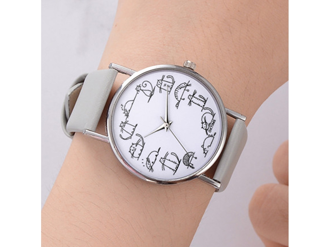 Relógio de Pulso Feminino Casual com Pulseira de Pu Padrão Gato Estilo Moderno
