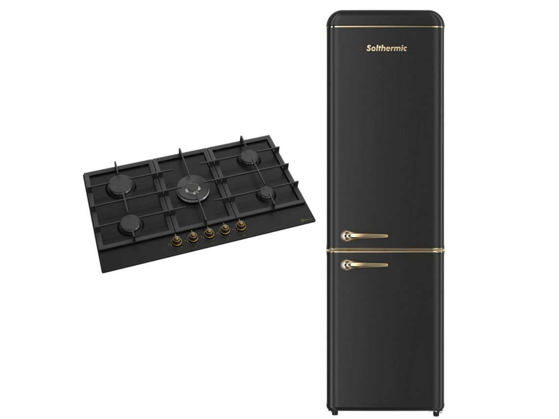 Pack Combinado Solthermic Fogão A Gás 90 Bl042 Preto Rústico 5 Bocas Com Wok Frigorífico Combinado Retro 1,88 Preto