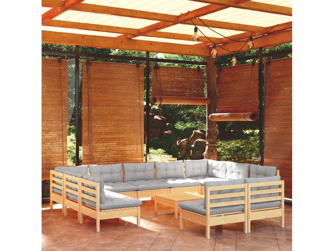 Vidaxl 12pcs Conjunto Lounge De Jardim + Almofadões Cinza Pinho Maciço