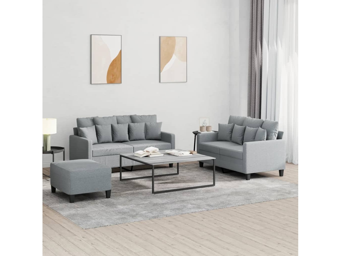 Vidaxl 3 Pcs Conjunto De Sofás Com Almofadões Tecido Cinzento-claro