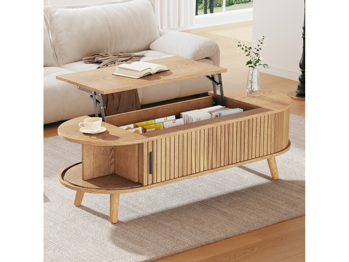 Couchtisch 120x50x39,5 Cm, Anhebbar Auf 53,5 Cm, Mit Verstecktem Stauraum, 5 Ablageflächen, Wohnzimmertisch, Original Holzfarbe