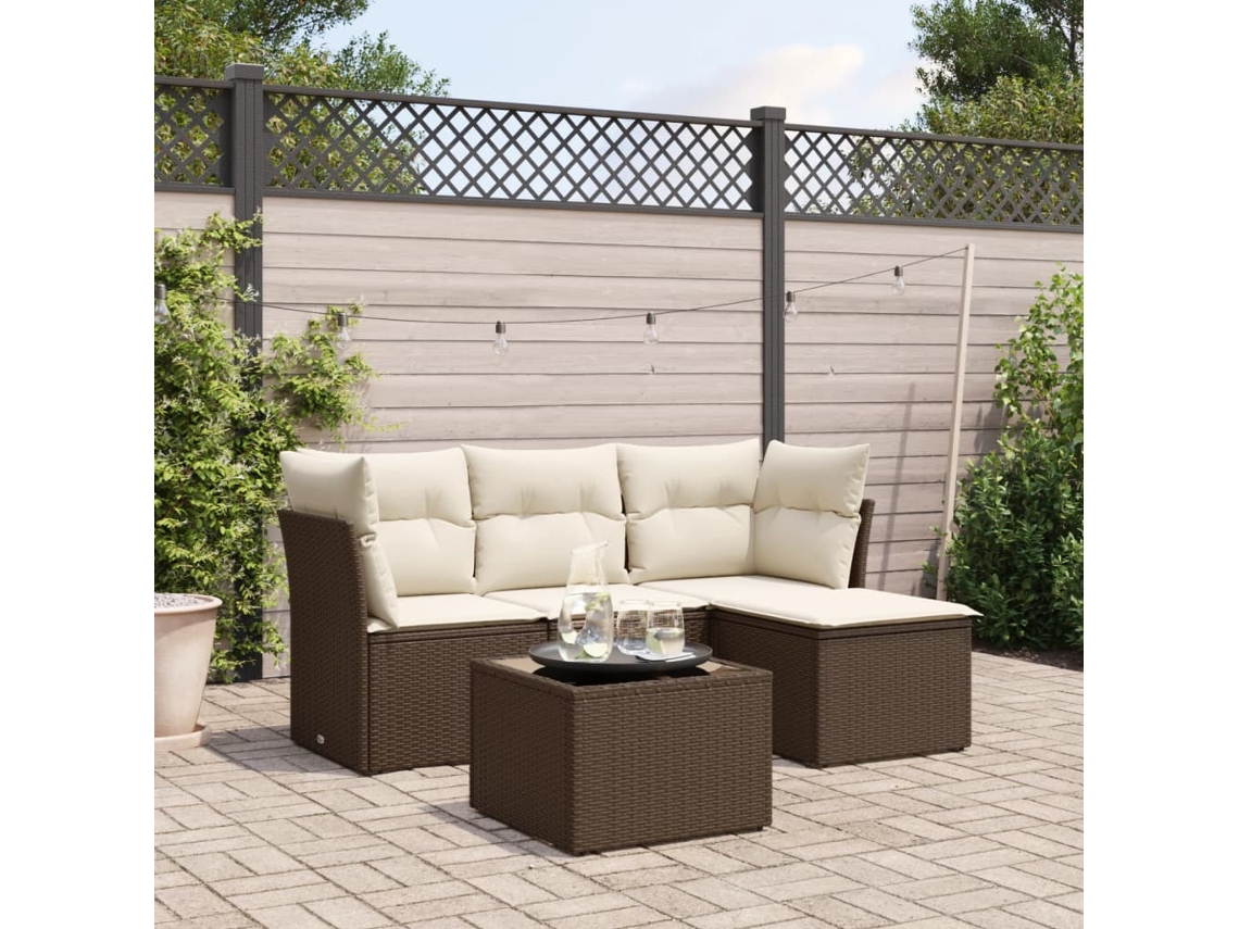 Vidaxl 5 Pcs Conjunto Sofás P/ Jardim C/ Almofadões Vime Pe Castanho