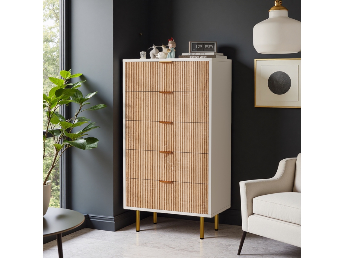 Comoda De 5 Gavetas 60x34x110cm, Gavetero Moderno Com Puxadores Dourados, Branco E Madeira Natural, Estilo Nórdico De Luxo Para Quarto