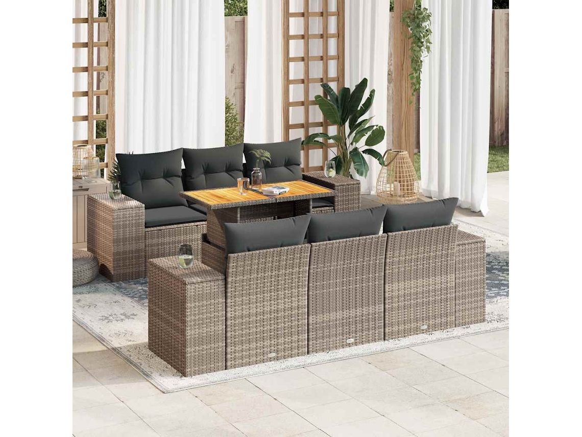Vidaxl 7 Pcs Conjunto Sofás P/ Jardim C/ Almofadões Vime Pe Cinzento