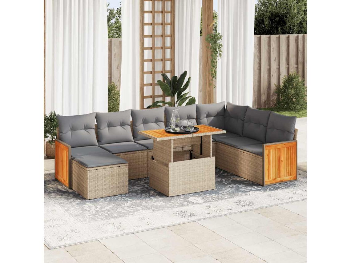 Vidaxl 9 Pcs Conjunto Sofás Jardim Com Almofadões Vime Pe/acácia Bege