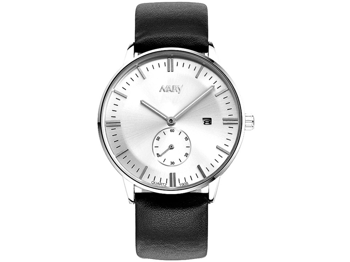 Relógio masculino à prova d'água com movimento de quartzo, pulseira de couro sintético, mostrador redondo, nas cores prata e branco.