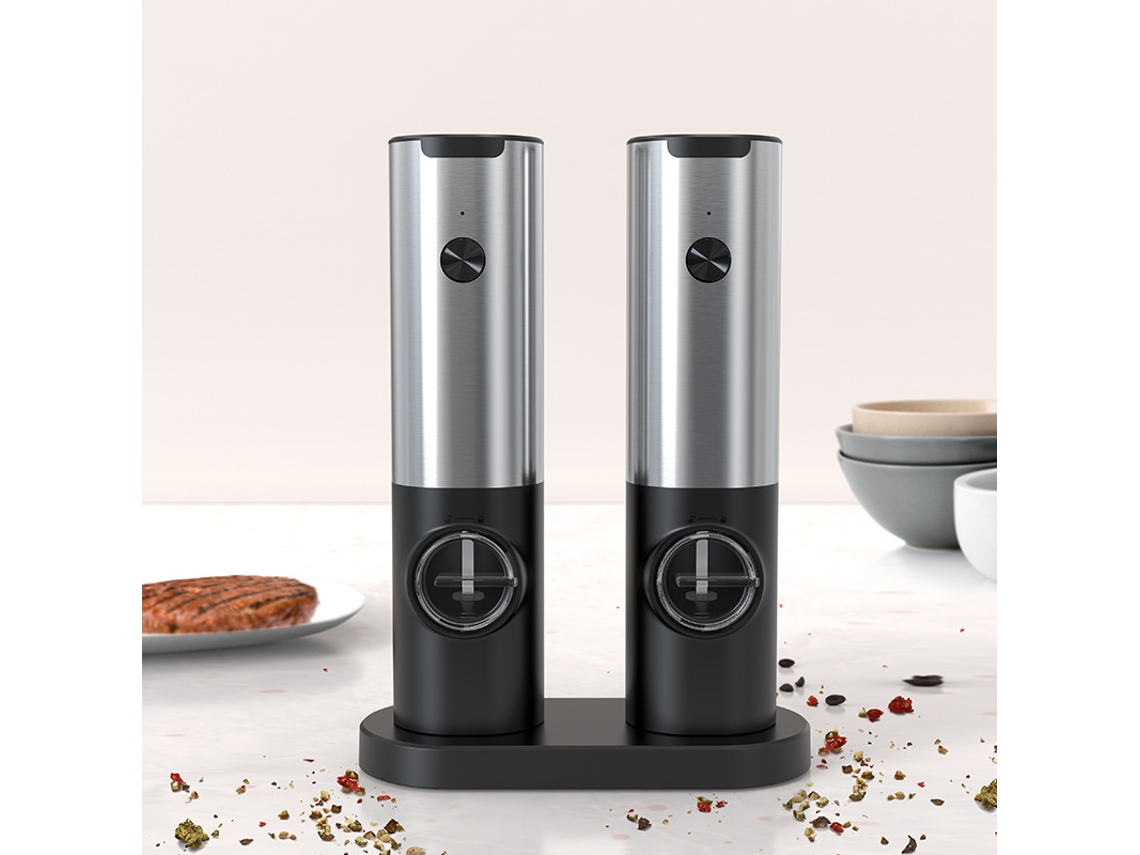 Kit Moedor Eletrico Sal Pimenta com Base Usb C, Preto Aco Inox ZYBLSSBB