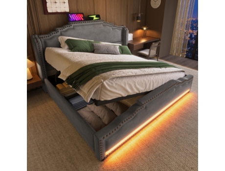 Cama Box 160x200 Cm Com Armazenamento Hidráulico, Led E Usb-c, Base De Ripas, Veludo Cinza E Inclui Colchão