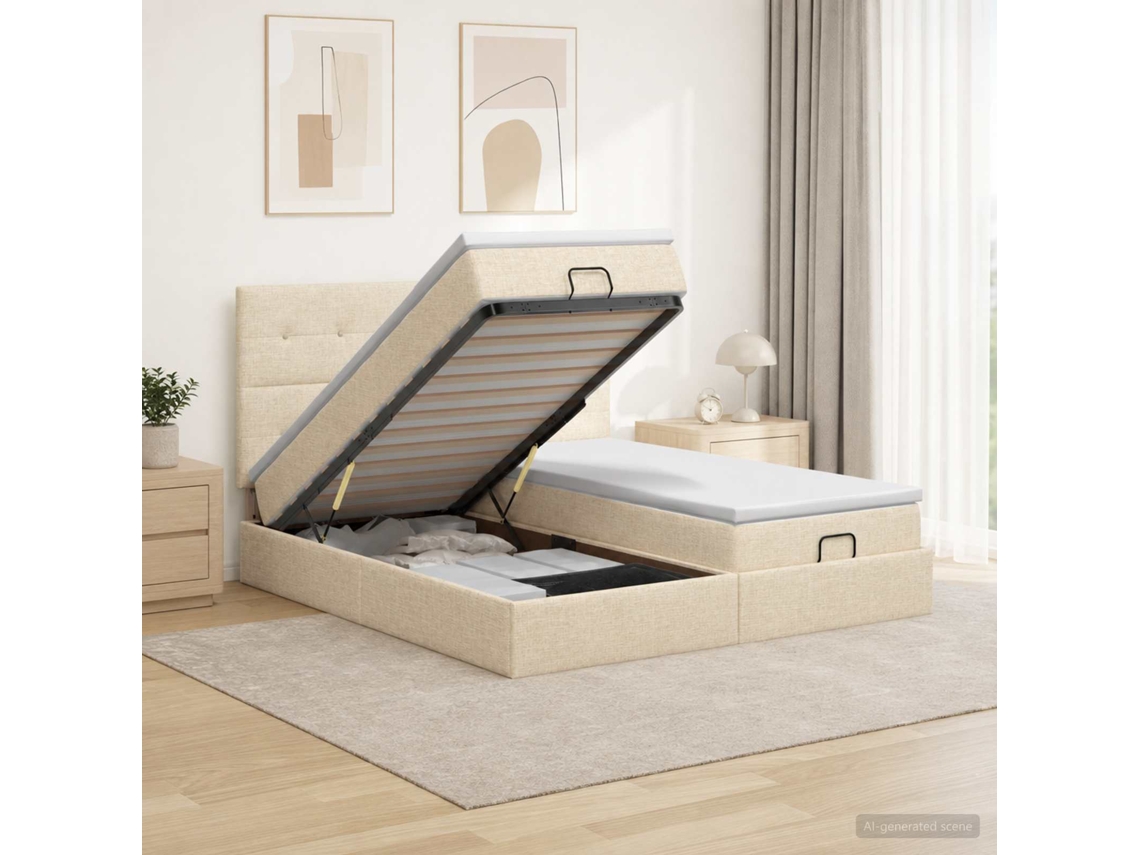 Vidaxl Cama Ottoman Com Colchão E Led Creme 180 X 200 Cm Tecido