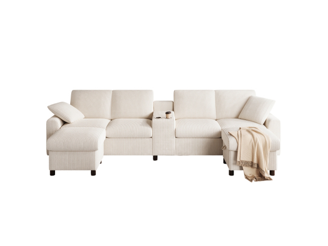 Sofá Em Formato De U Em Veludo Cotelê, Incluindo 2 Pufes Com Espaço De Armazenamento, Mesa De Centro, 2 Tomadas E 2 Portas Tipo-c(l315×a81×p135cm)