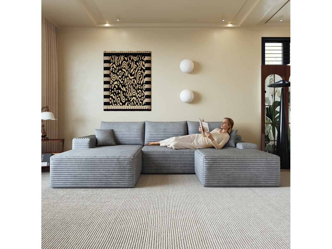 Sofá De Canto L Modular 270 Cm Com Chaise Longue, Assento Profundo, Moderno, Sem Montagem, Cinzento