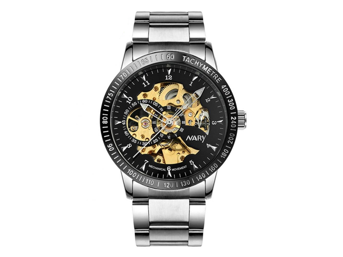 Reloj Para Hombre De Acero Inoxidable Impermeable Con Cadena De Acero Inoxidable Y Movimiento Mecánico Redondo (plata Negro)