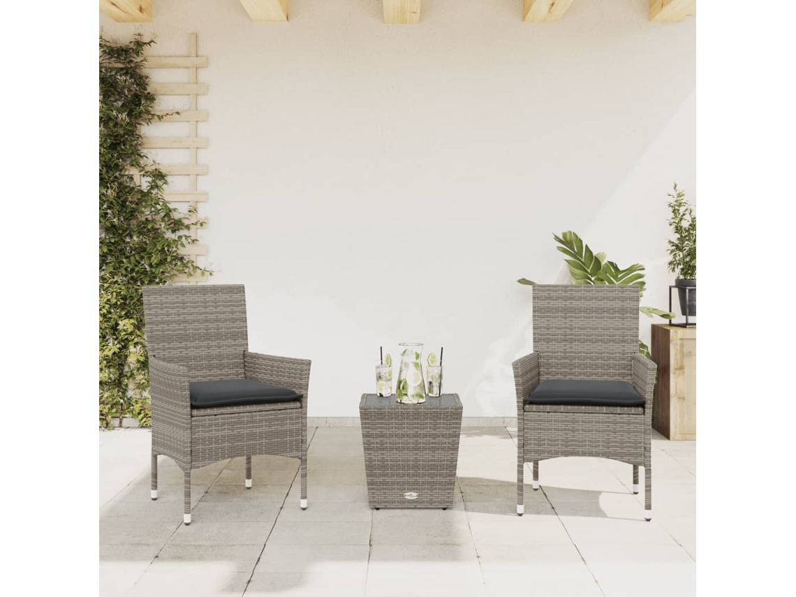 Vidaxl 3 Pcs Conjunto De Bistrô Com Almofadões Vime Pe/vidro Cinza