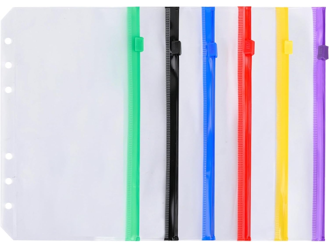Organizador de documentos com zíper, conjunto de 6 unidades A6, Pvc transparente Fosco, Cores Sortidas Preto, Vermelho