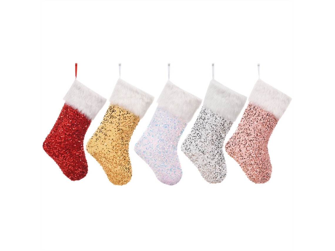 Meias de Natal Pelúcia com Strass e Cordão Decoração