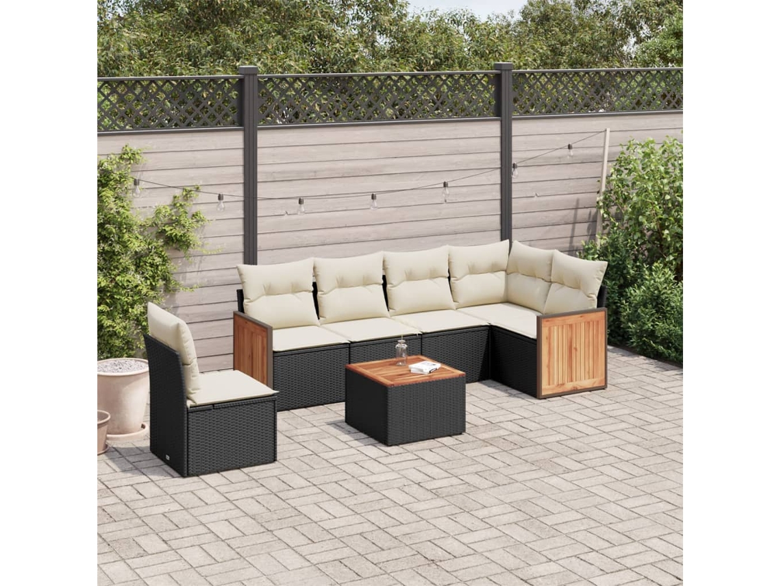 7 Pcs Conjunto De Sofás P/ Jardim C/ Almofadões Vime Pe Preto Dkd Home Decor