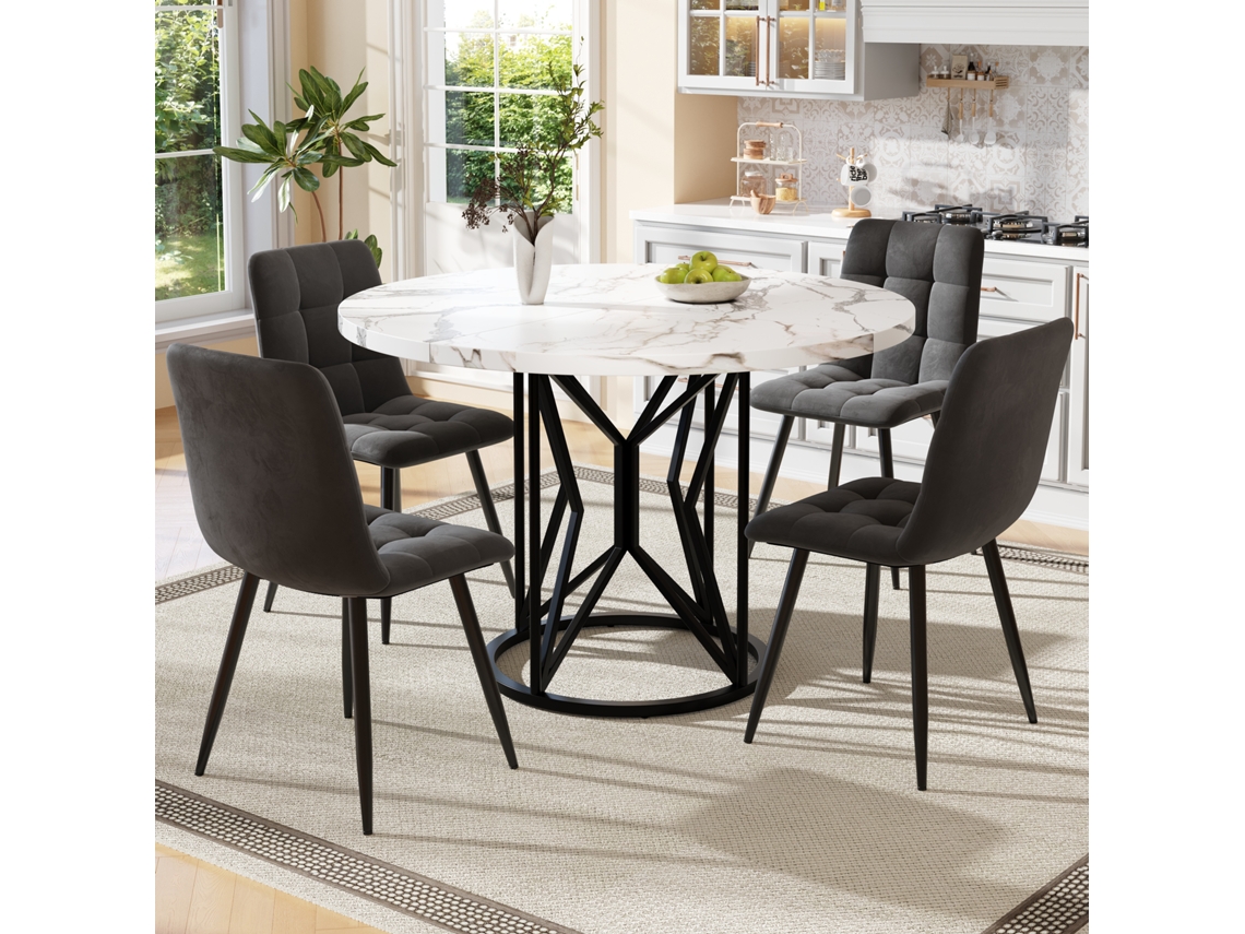 Conjunto Jantar 5p, Mesa Redonda 100cm + 4 Cadeiras Veludo Cinza (réplica). Ge