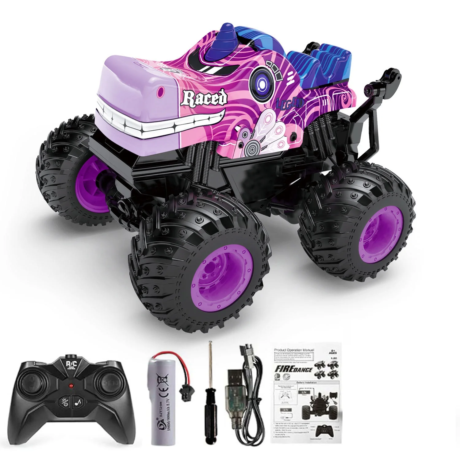 (rosa) Carro De Controle Remoto 2.4g Com Música, Luzes, Acrobacias E Cabeça De Tubarão Giratória 360 Graus