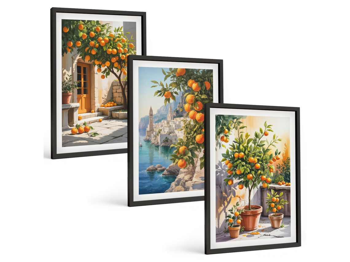 Composição De Quadros Na Parede Paisagens Cítricas Pintadas Moldura Preta Imagens Para Um Quarto Infantil Espelharte (3 Piezas De 40x60 Cm)