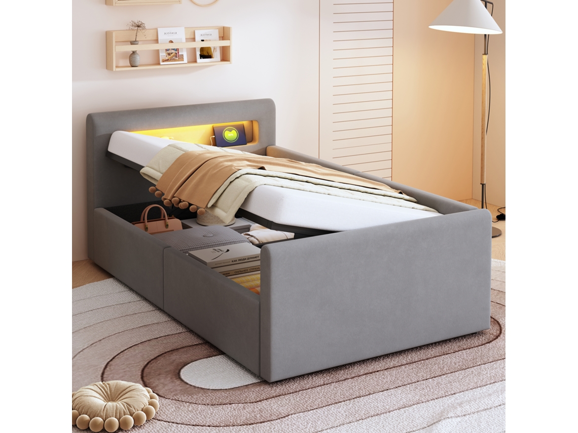 Cama Infantil 90x200 Cm Luz Led Usb Estante Armazenamento Hidráulico