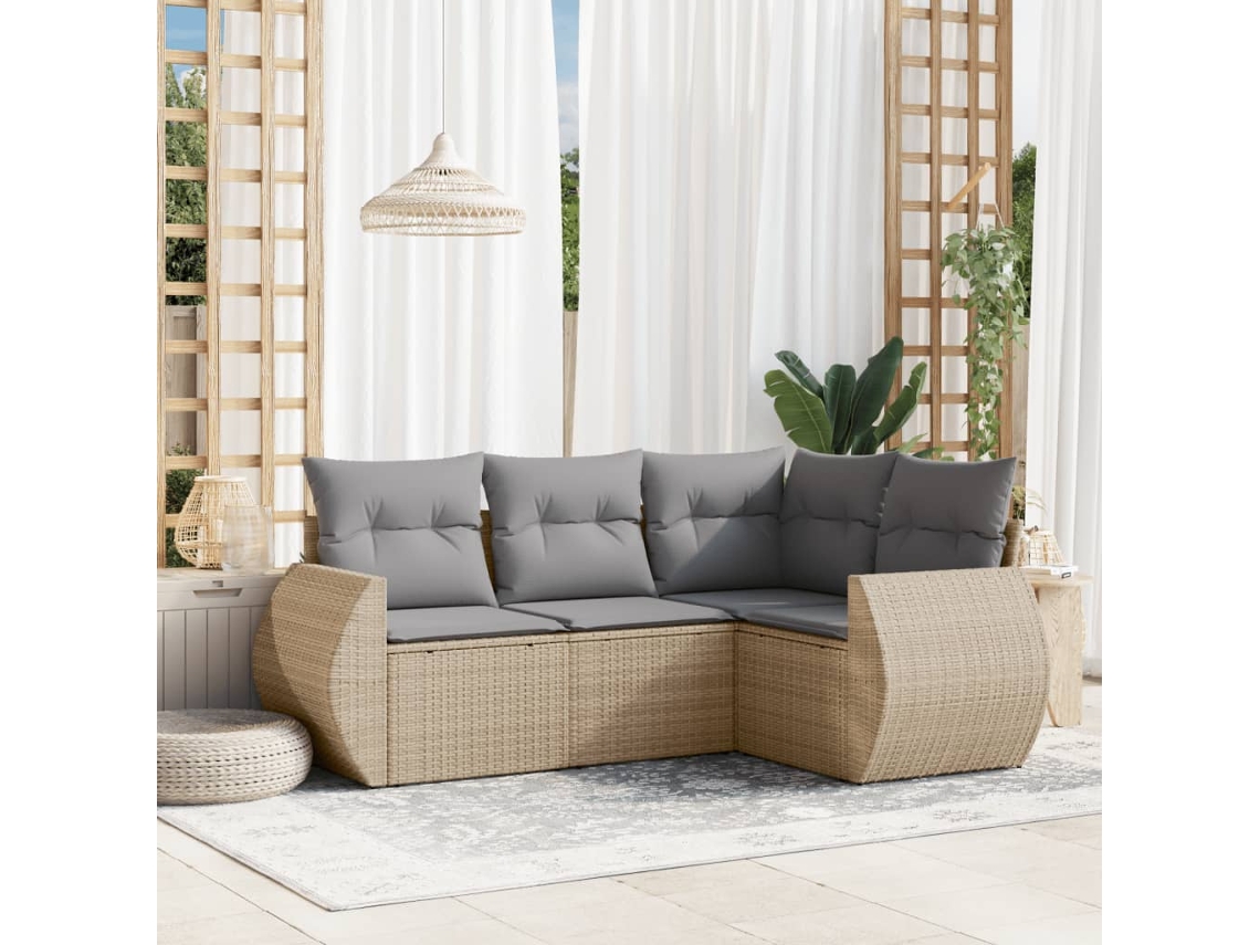 Vidaxl 4 Pcs Conjunto De Sofás Para Jardim C/ Almofadões Vime Pe Bege