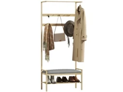 Móvel Cabide de Entrada Bambu e Couro Pu Cor Madeira e Cinza 73,5x34x171 cm Homcom