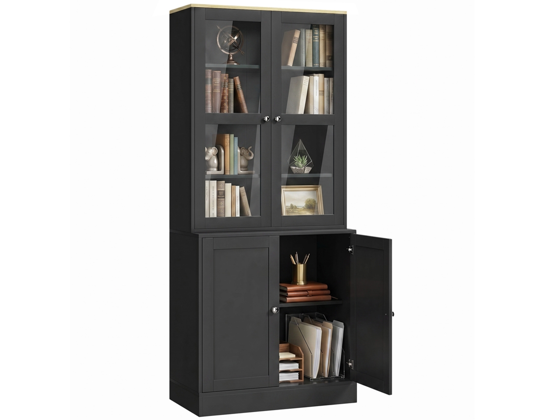 Vitrine Expositora Com 6 Níveis, 4 Portas (2 De Vidro Temperado), Prateleiras Ajustáveis, Preta.