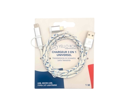 Kami 3A USB para Micro USB, USB C, Cabo Plano Lightning, 1m, Carregamento Rápido, Branco e Amarelo Koko