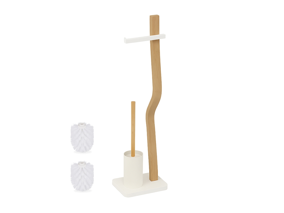 Kit Wc Relaxdays, Axlxp 78,5x23x18 Cm, Madeira E Metal, Suporte De Papel Higiénico Com Escova, Branco/natural