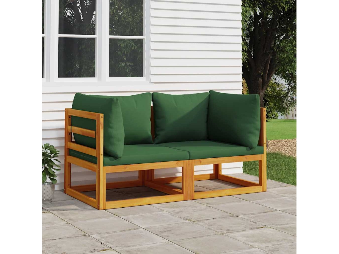 Vidaxl Sofás Canto Seccionais 2 Pcs Acácia Maciça C/ Almofadões Verdes