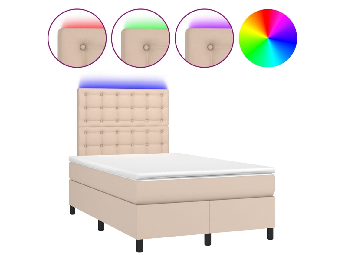 Cama Box Spring com Colchão e Led Couro Artificial Cappuccino MAISON EXCLUSIVE (120x200 cm)