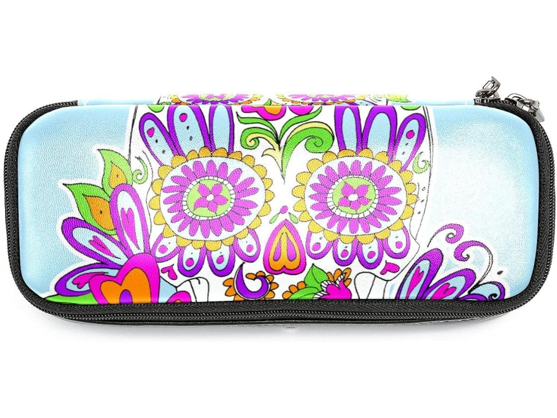 Organizador retrô com estampa mexicana de caveira e flores, grande capacidade, ideal para guardar canecas. Bolsa indispensável.