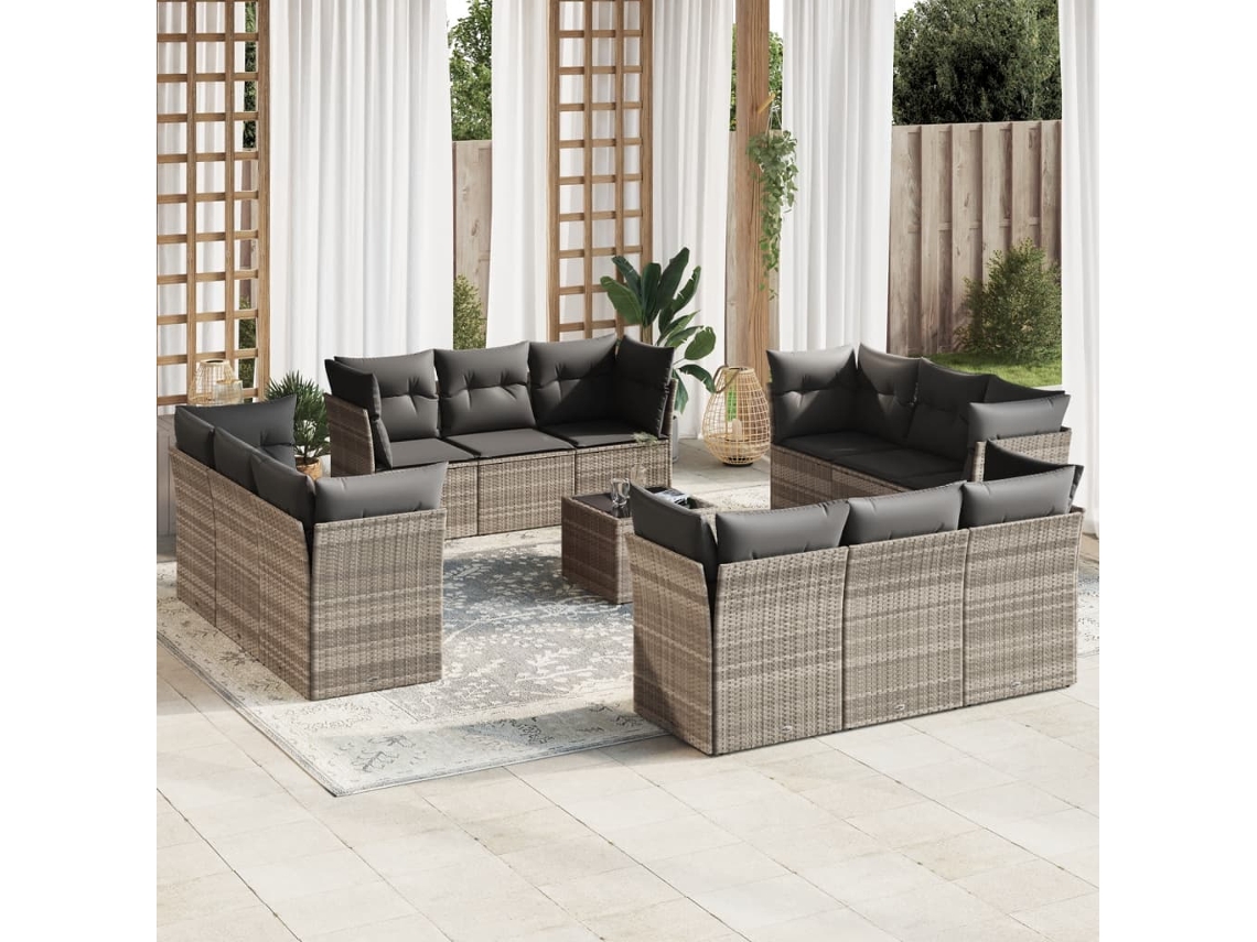 Vidaxl 13 Pcs Conj. Sofás Jardim C/ Almofadões Vime Pe Cinzento-claro