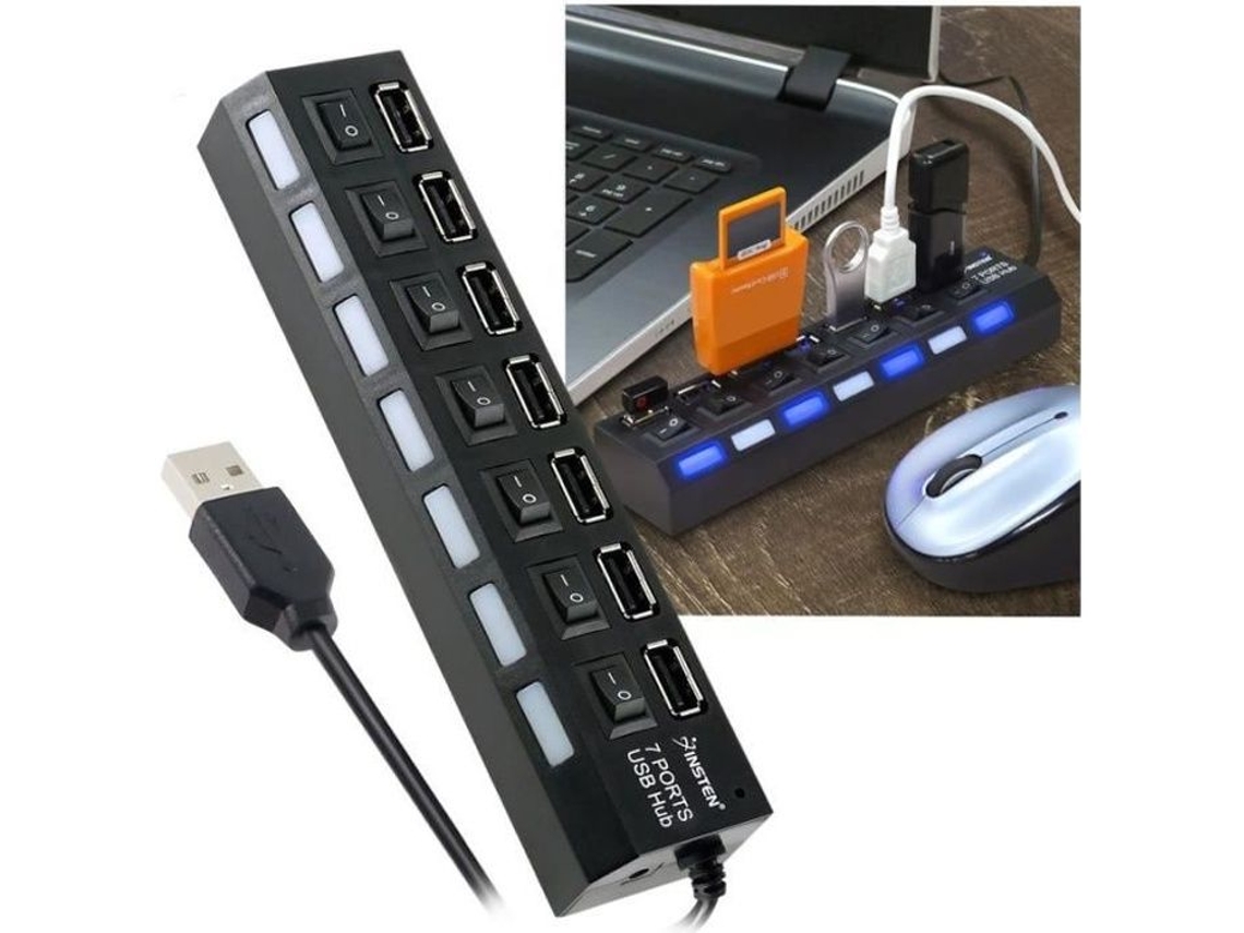 Multiprise Insten Hub 7 Portas USB 2.0 Alta Velocidade Botões Link Unlink Preto