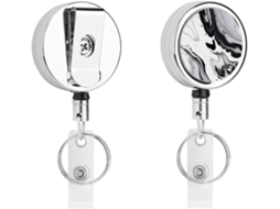 Clipe de cinto retrátil com mosquetão e chaveiro de argola, pintura em preto e branco, suporte retrátil de metal para crachás