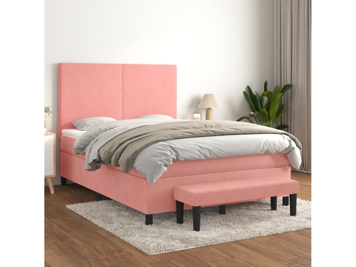 Cama Com Molas/colchão 140x200 Cm Veludo Rosa