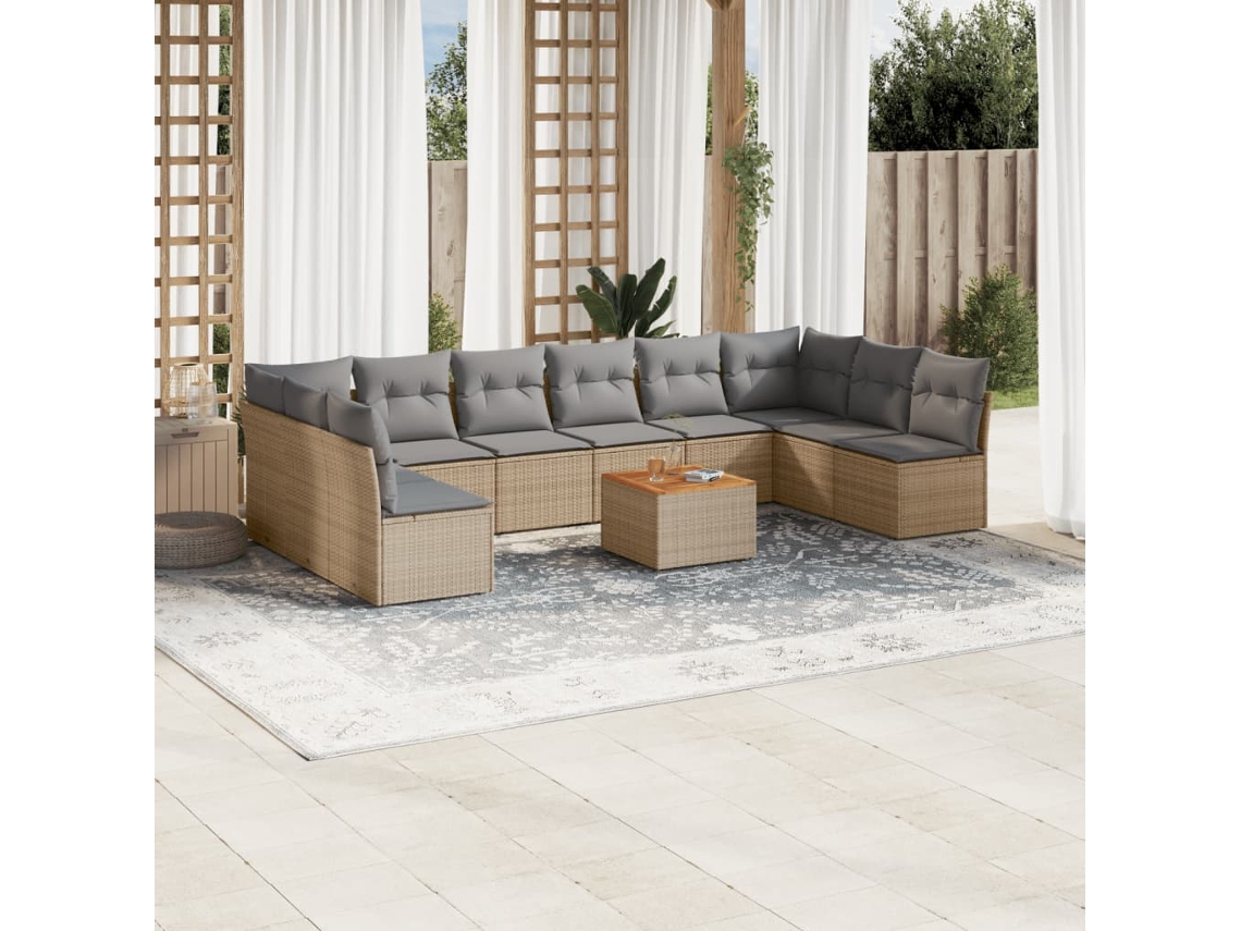 Vidaxl 11 Pcs Conj. Sofás Jardim C/ Almofadões Vime Pe Bege Misturado