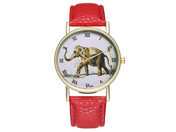 Relógio de pulso vintage com escala romana, pulseira de PU e mostrador com padrão de elefante vermelho.