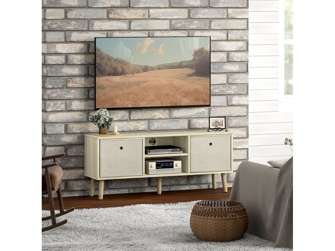 Móvel De Tv Até 50 Polegadas Com 2 Gavetas E 2 Prateleiras 110x29x46,5 Cm Madeira Clara E Bege