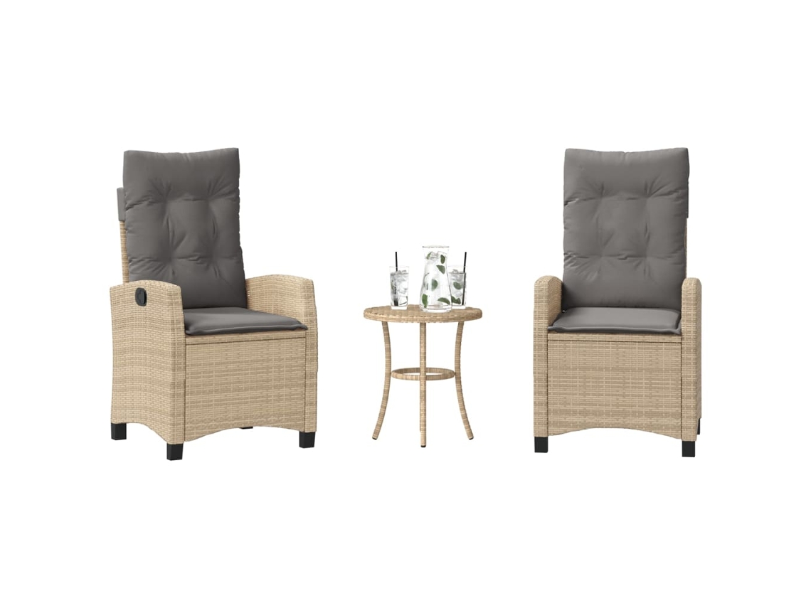 Vidaxl 3 Pcs Conjunto Bistrô Com Almofadões Vime Pe Bege Misturado
