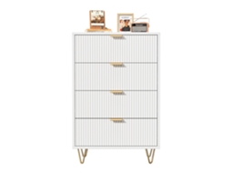 Cómoda 4 Gavetas 60x34x91 Cm, Móvel De Arrumação Moderno Com Frente Canelada, Pernas Metálicas Douradas, Aparador Para Sala, Branco