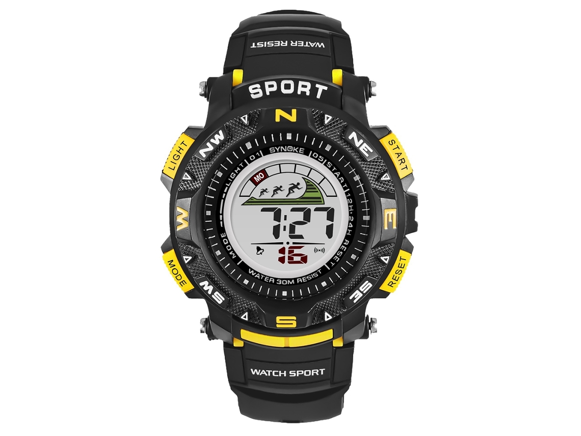 Relógio esportivo eletrônico Synoke para adolescentes, à prova d'água, luminoso, amarelo.
