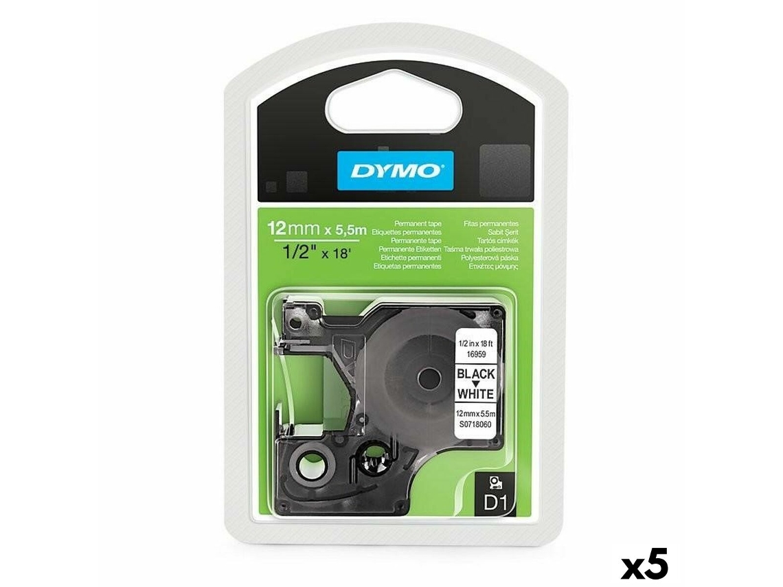 Cinta Laminada para Máquinas Rotuladoras DYMO D1 16959 12 Mm X 5,5 M Preto Poliéster Branco 5 Unidades