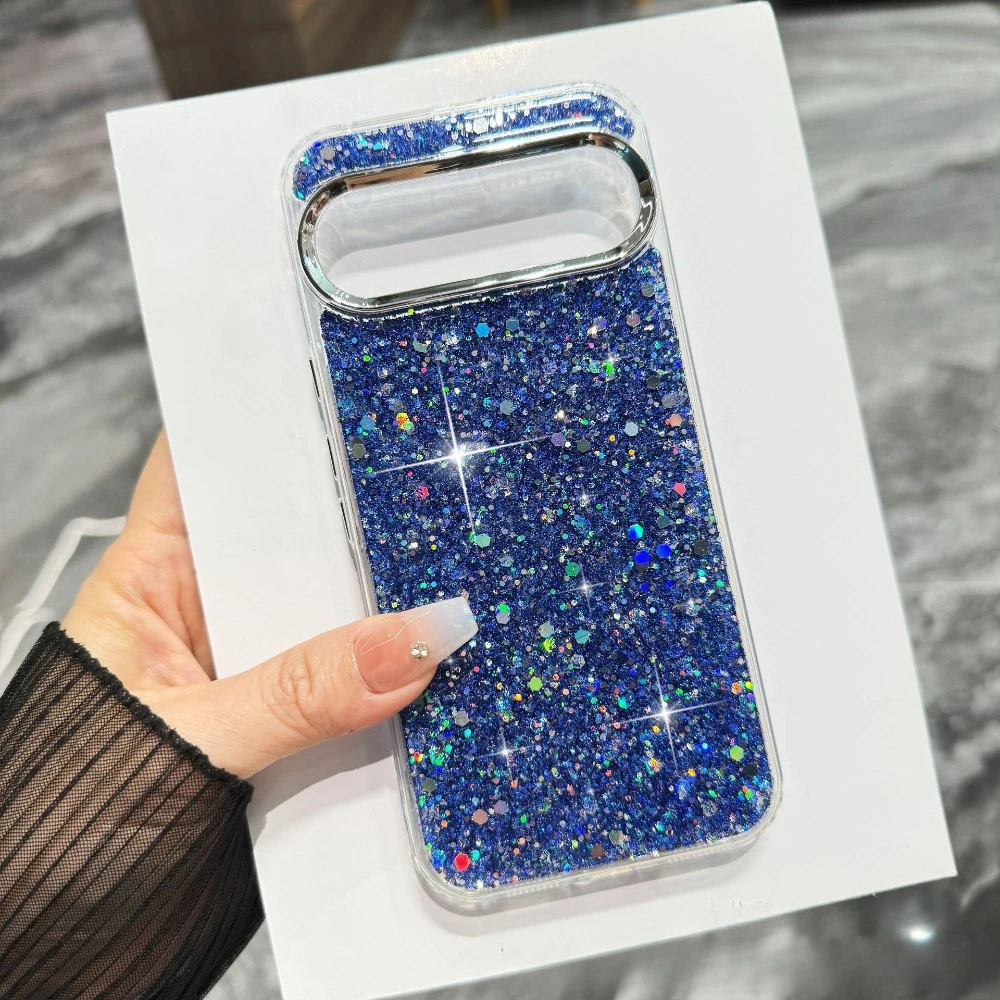 Capa Para Celular (pixel 9a Azul) Com Glitter Cristal, Capa Traseira De Silicone À Prova De Choque.