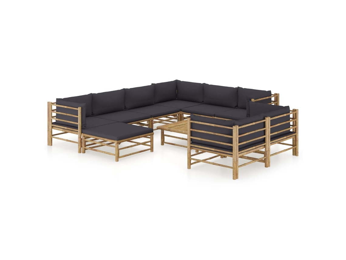 Vidaxl 10 Pcs Conj. Lounge Jardim em Bambu C/ Almofadões Cinza escuro