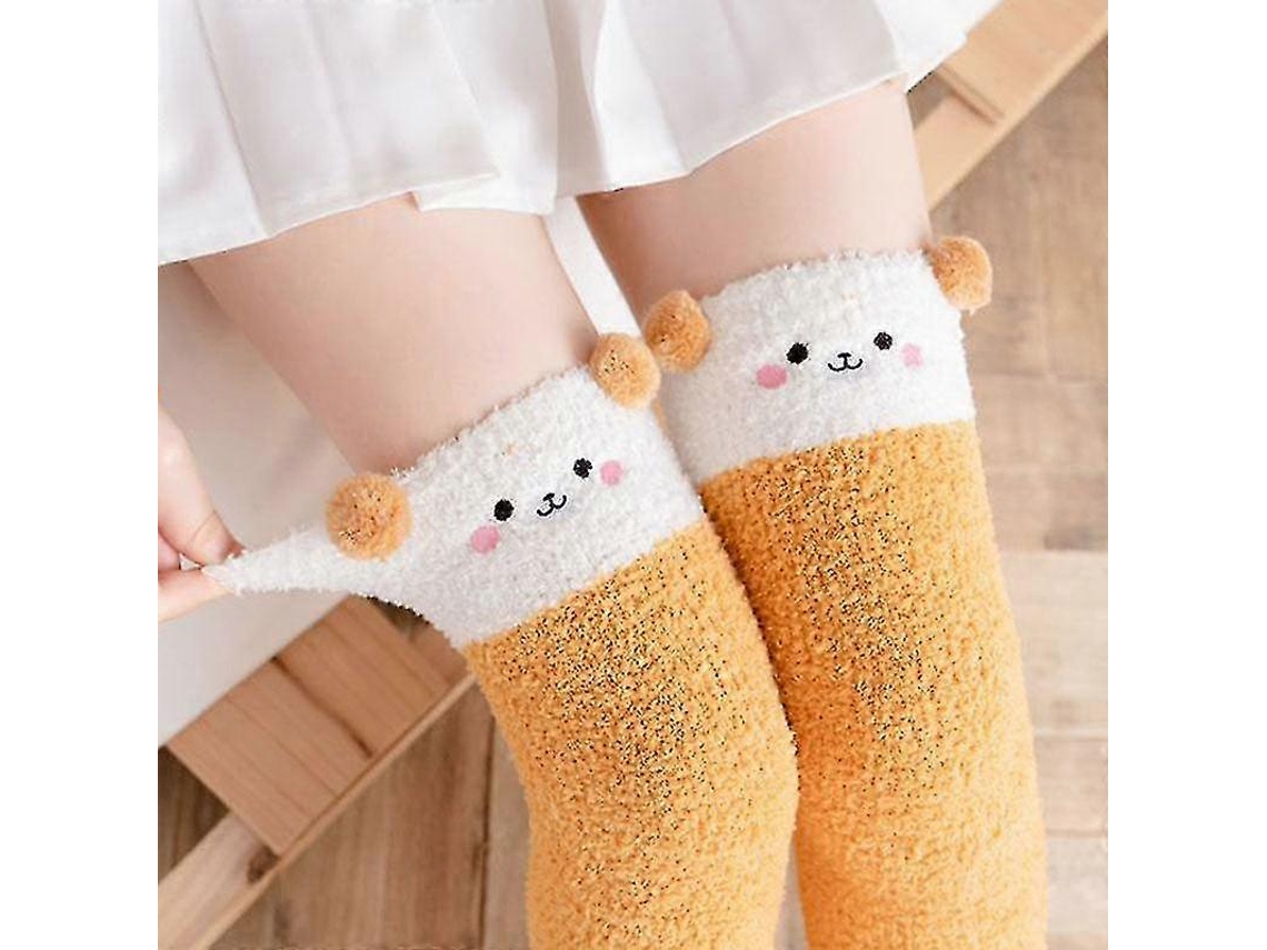 Meias De Lã Coral Macia Até O Joelho, Ideias Para O Inverno, Para Meninas E Mulheres. Meias Listradas Com Estampas De Animais Flufos E Desenhos Animados