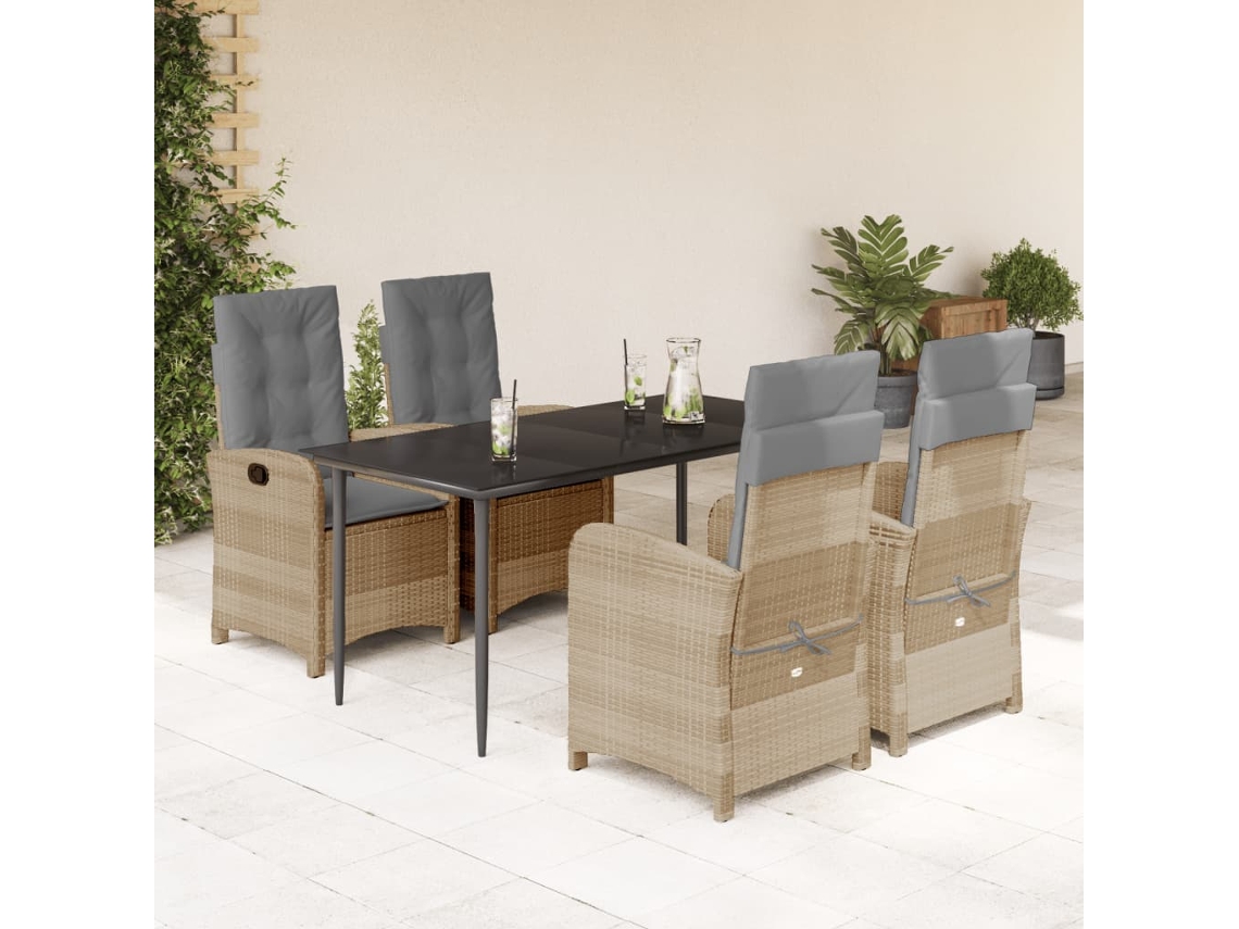 Vidaxl 5pcs Conj. Jantar Jardim C/ Almofadões Vime Pe Bege Misturado