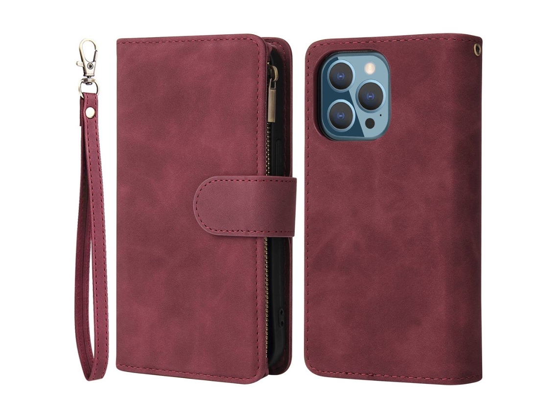 Capa Quedas Inch Para Iphone 13 Pro Max Pele Sintética Com Porta-cartões Vermelho