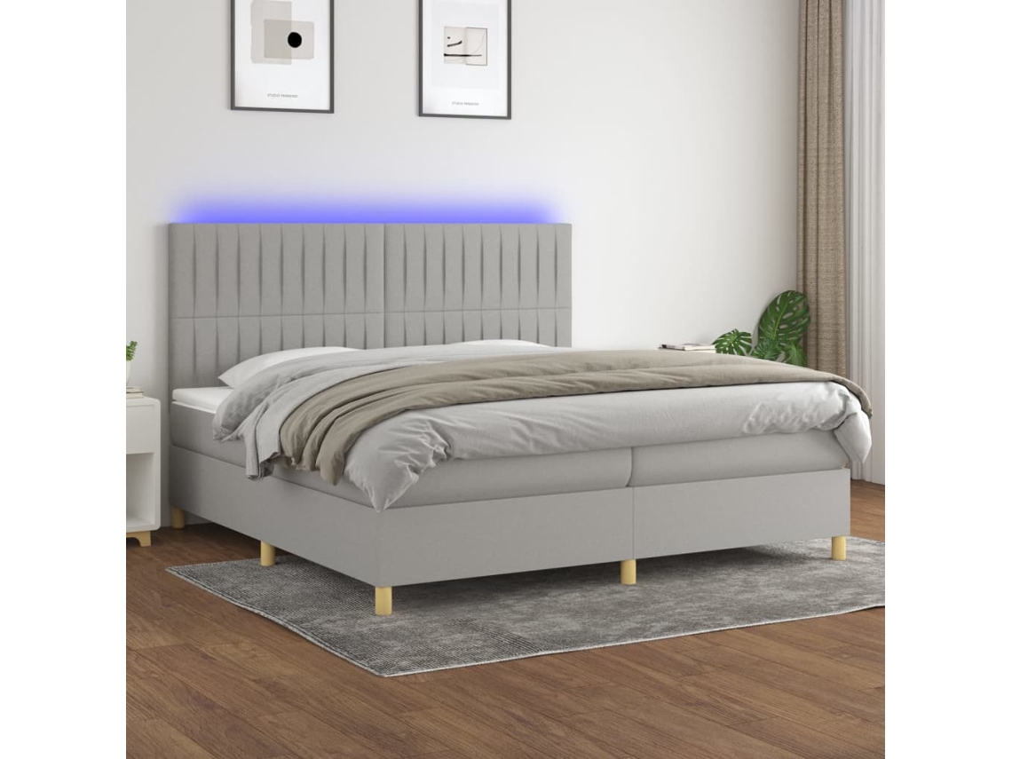 Vidaxl Cama Box Spring C/ Colchão E Led 200x200 Cm Tecido Cinza-claro