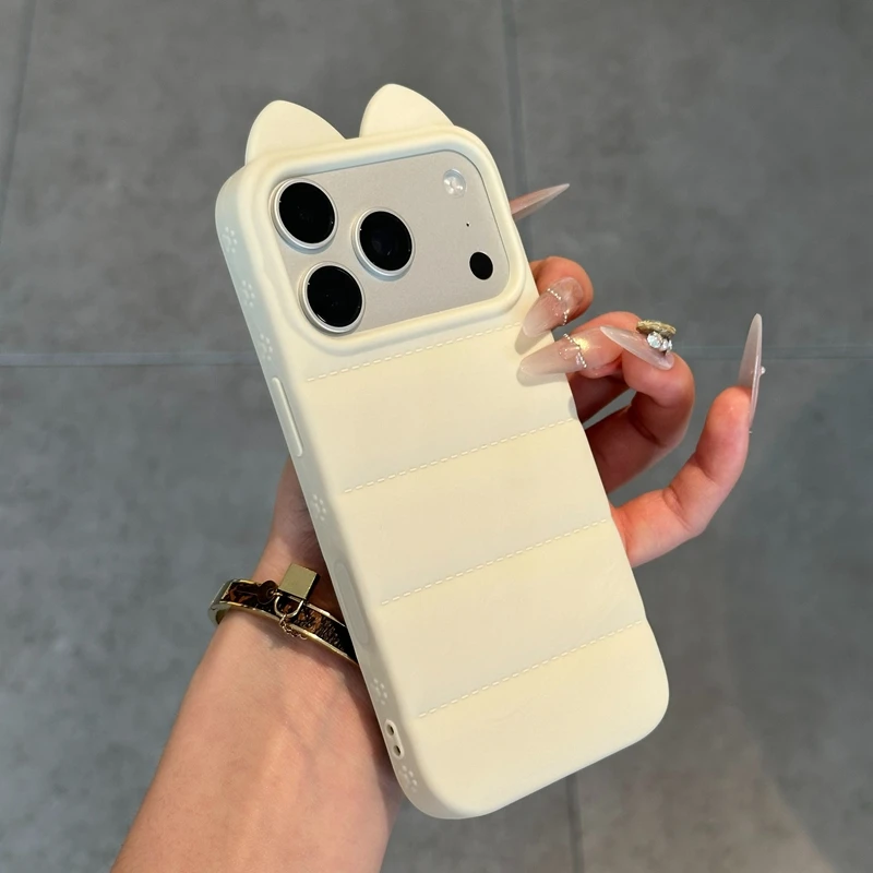 Capa De Celular Em Silicone Macio Com Orelhas De Gato (para Iphone 17 Pro Branco), Com Estrutura E Parte Traseira À Prova De Choque.
